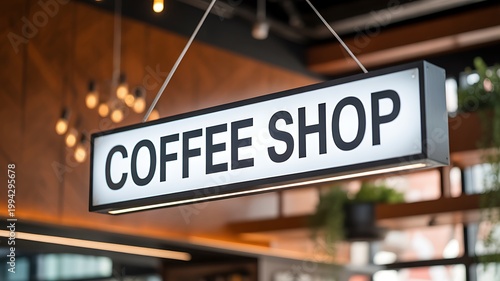 Coffee shop hanging sign inside modern cafe interior with warm lights