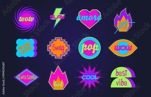 Cute y2k sticker collection with retro pop art vibes. Vector set of cool acid color star, fire, eye and lightning bolt shape icons with text, groovy 90s geometric patches for creative nostalgic design