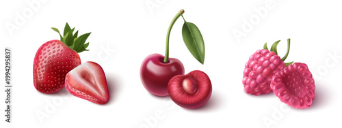 3D red berries set isolated on white background. Vector realistic illustration of fresh strawberry, cherry and raspberry, whole and half cut fruit for juice, yogurt or smoothie packaging, natural food