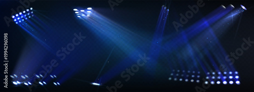 Stadium lights set shining bright on transparent background. Vector realistic illustration of illumination system for concert stage, show, sports event, night football match, powerful spotlight beams