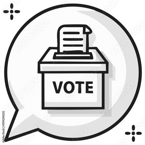 Hand drawn doodle style illustration featuring a ballot box with a vote paper inside a speech bubble icon for election democracy