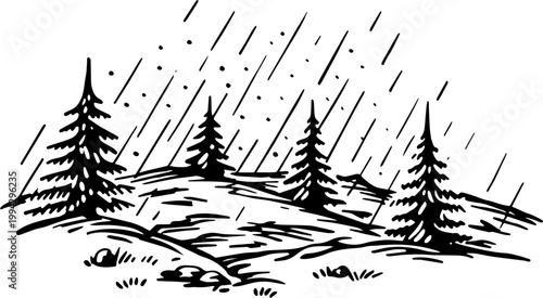 SVG dark nautical horror in eerie uncanny ocean waters vector. Dark Rainy Forest Scene with Pine Trees and Eerie Atmosphere