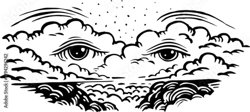 SVG dark nautical horror in eerie uncanny ocean waters vector. Mysterious Nautical Eyes Emerging from Clouds Over Dark Waters