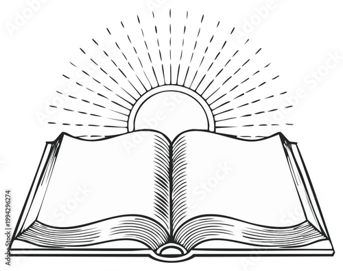 Vintage illustration of an open book with a rising sun symbolizing knowledge and wisdom