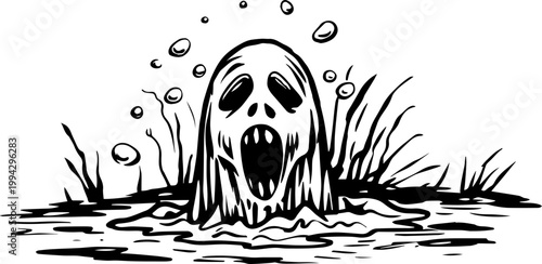 SVG dark nautical horror in eerie uncanny ocean waters vector. Eerie Water Ghost Rising from Dark Waters in Spooky Scene