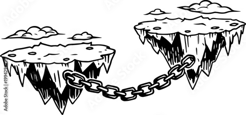 SVG dark nautical horror in eerie uncanny ocean waters vector. Chilling Nautical Horror with Icebergs Connected by Metal Chains