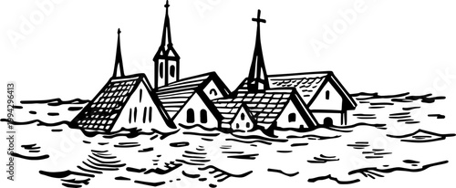 SVG dark nautical horror in eerie uncanny ocean waters vector. Submerged Church Village Amidst Flooded Waters in Nautical Scene