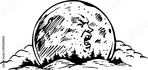 SVG dark nautical horror in eerie uncanny ocean waters vector. Dramatic Moon with Angry Face Over Darkened Forest Landscape