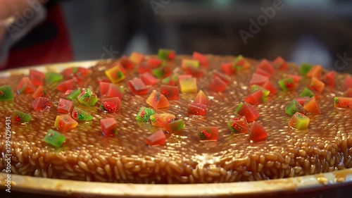 Close Up Of A Delicious Steamed Rice Cake Dessert With Colorful Candied Fruit Toppings