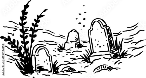 SVG dark nautical horror in eerie uncanny ocean waters vector. Underwater Graveyard with Tombstones Surrounded by Marine Life