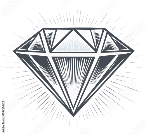 Diamond illustration, vector art design, gemstone icon with rays.
