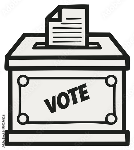 Simple drawing of a ballot box with the word vote and a paper ballot inserted