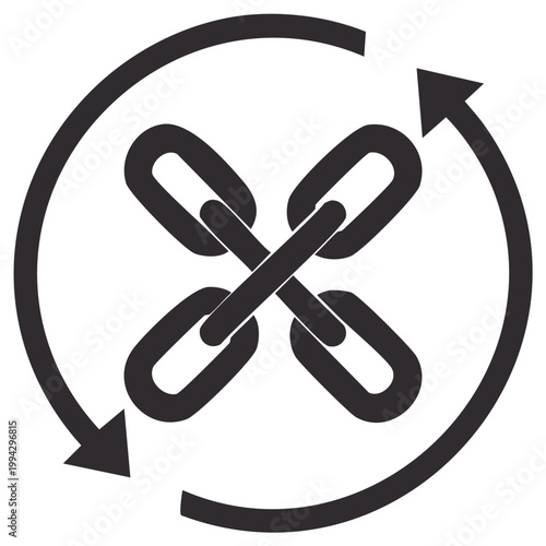 Interconnected chain links form an X shape within a circular arrow symbol representing connection and process