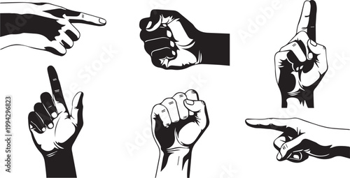 A versatile collection of six distinct black and white vector graphic illustrations showcasing various human hand gestures, specifically featuring pointing fingers for direction and communication