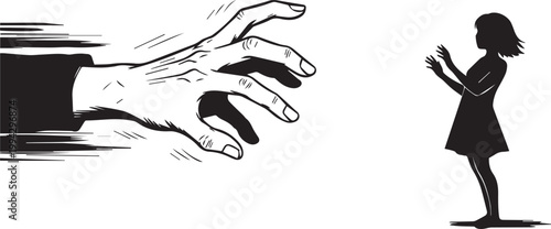 A dynamic vector graphic illustration depicting a menacing, large hand aggressively reaching or lunging towards a smaller, vulnerable female silhouette, conveying themes of pursuit, threat