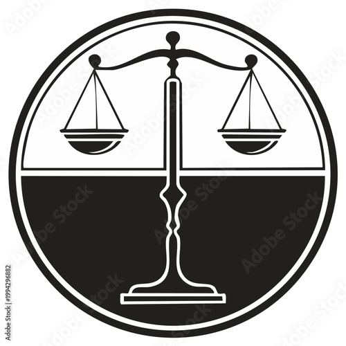 Scales of Justice Emblem Symbol in Black and White Circular Design Law Legal System Icon Balance Scales Graphic