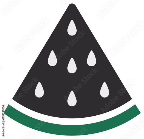 Graphic depiction of a slice of watermelon with black flesh and white seeds