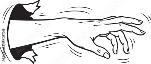 This clean black and white vector illustration depicts a reaching human hand design that stretches forward with dynamic motion lines to grab something invisible while showcasing artistic line art
