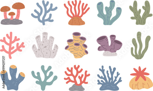 Colorful coral reef elements set, sea plants and mushrooms vector illustration collection