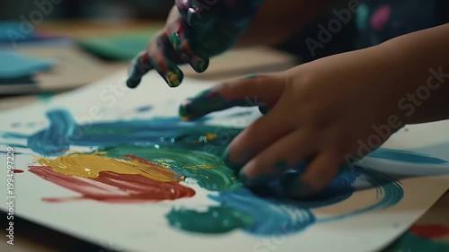 Close Up Of Child Hands Covered In Paint Making Art On Paper