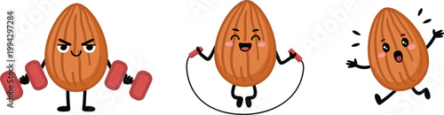 Cute almond characters exercising set, fitness workout cartoon nuts vector illustration design