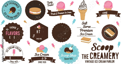 Vintage ice cream parlor labels and badges, retro scoop shop creamery branding elements, old fashioned dessert shop vector collection