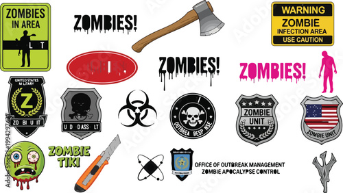 Zombie apocalypse survival kit vector elements, horror warning signs and military patches set, undead outbreak icons and weapons