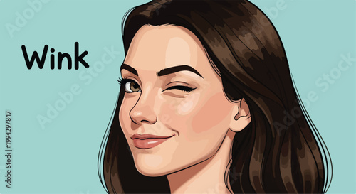 Wink expression on beautiful woman, cartoon avatar of winking girl with brown hair, playful female character portrait on blue background