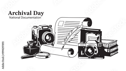 Archival Day Photography Equipment and Documents for Historical Preservation.