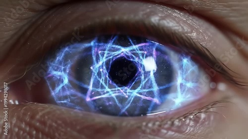 Close Up Of Human Eye With Futuristic Digital Overlay Showing Glowing Blue And Pink Geometric Network Pattern