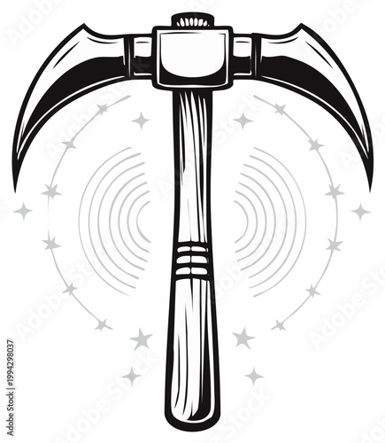 Vintage pickaxe illustration with radiating circles and star accents