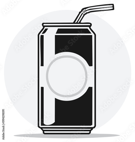Black and white illustration of a soda can with a straw and a blank label