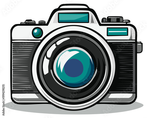 Illustrated image of a classic digital camera with prominent lens and dials.