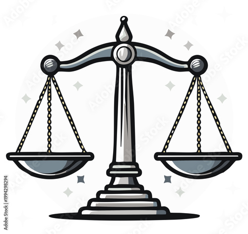 Silver scales of justice illustration depicts law concept for lawyers, judges, and legal representation in cartoon style