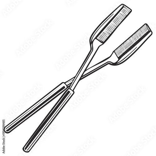Vintage Black and White Illustration of Crossed Hairline Tweezers and Comb Tools