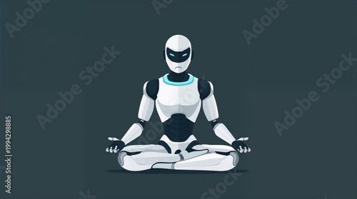 Flat vector graphic of a futuristic robot in a serene meditation pose, seated in the lotus position.