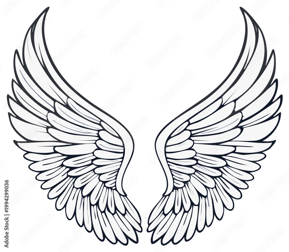 Fototapeta premium Symmetrical Angel Wings Spread Open Black and White Graphic Illustration