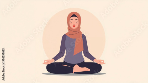 Flat vector graphic of a young Muslim woman wearing a hijab, meditating in a serene lotus pose.