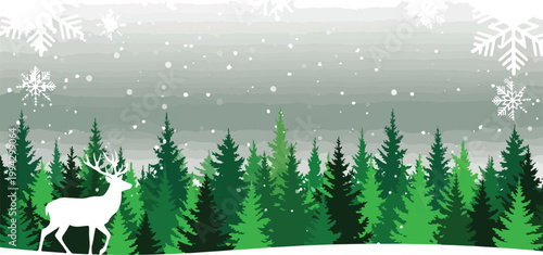 Winter forest landscape with white reindeer silhouette, green pine trees in snowy woods, festive Christmas holiday banner with snowflakes and falling snow