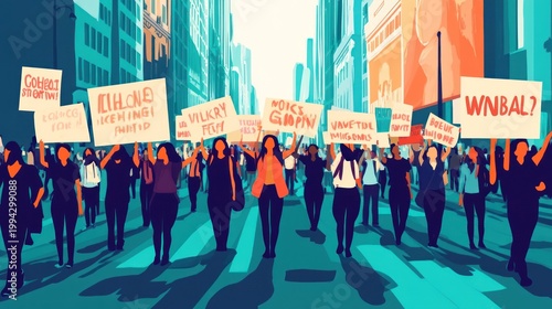 A vibrant street demonstration with young people holding signs demanding equal pay and workplace fairness in front of corporate buildings