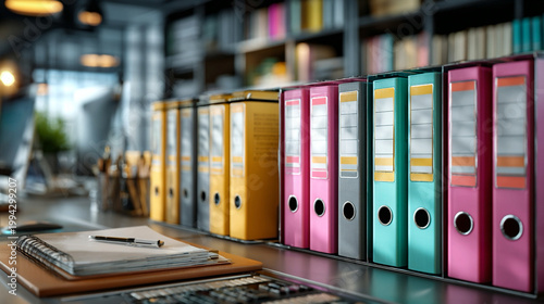 Office risk tools with organized documents, office files, folders, professional workspace, modern corporate interior, productivity-enhancing desk setup
