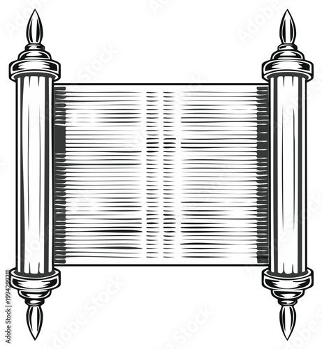 Ancient scroll illustration, etched style, blank paper for text.