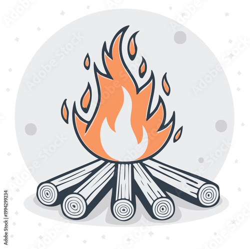 Cartoon campfire with blazing orange flames, firewood logs, and a stylized moon