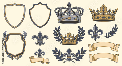 Medieval Ornamental Royal Heraldry Elements with Crowns Shields and Fleur de lis