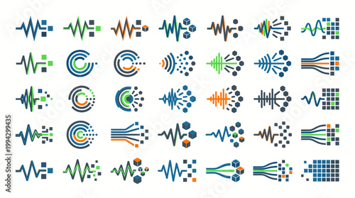 Data signal and digital pulse icons set for information processing