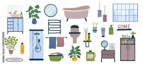 Bathroom interior objects set8. Bathroom interior cliparts isolated on white background. Vector elements in flat style.