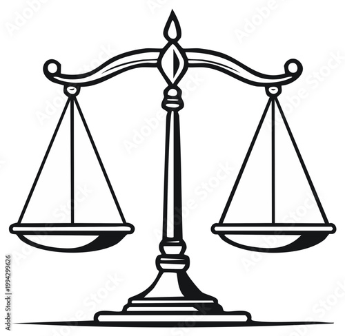 Classic justice scales with balanced pans symbolizing fairness and legal equality in black and white illustration.