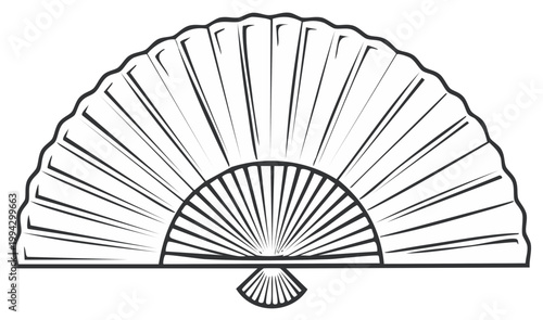 Elegant graphic design of a white folding fan with radiating lines and a scalloped edge