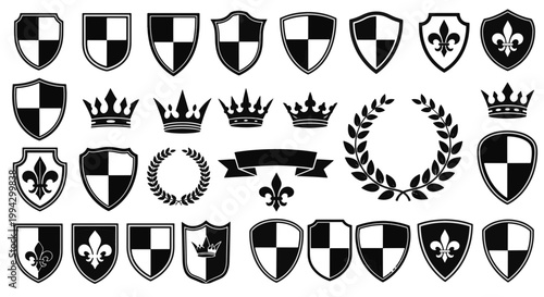 Set of Medieval Ornamental Heraldry Badges Regal Crowns Fleur de lis and Laurel Wreaths