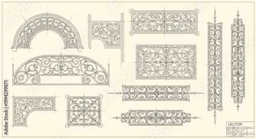 Set of Medieval Ornamental Architectural Elements and Decorative Scrollwork Designs